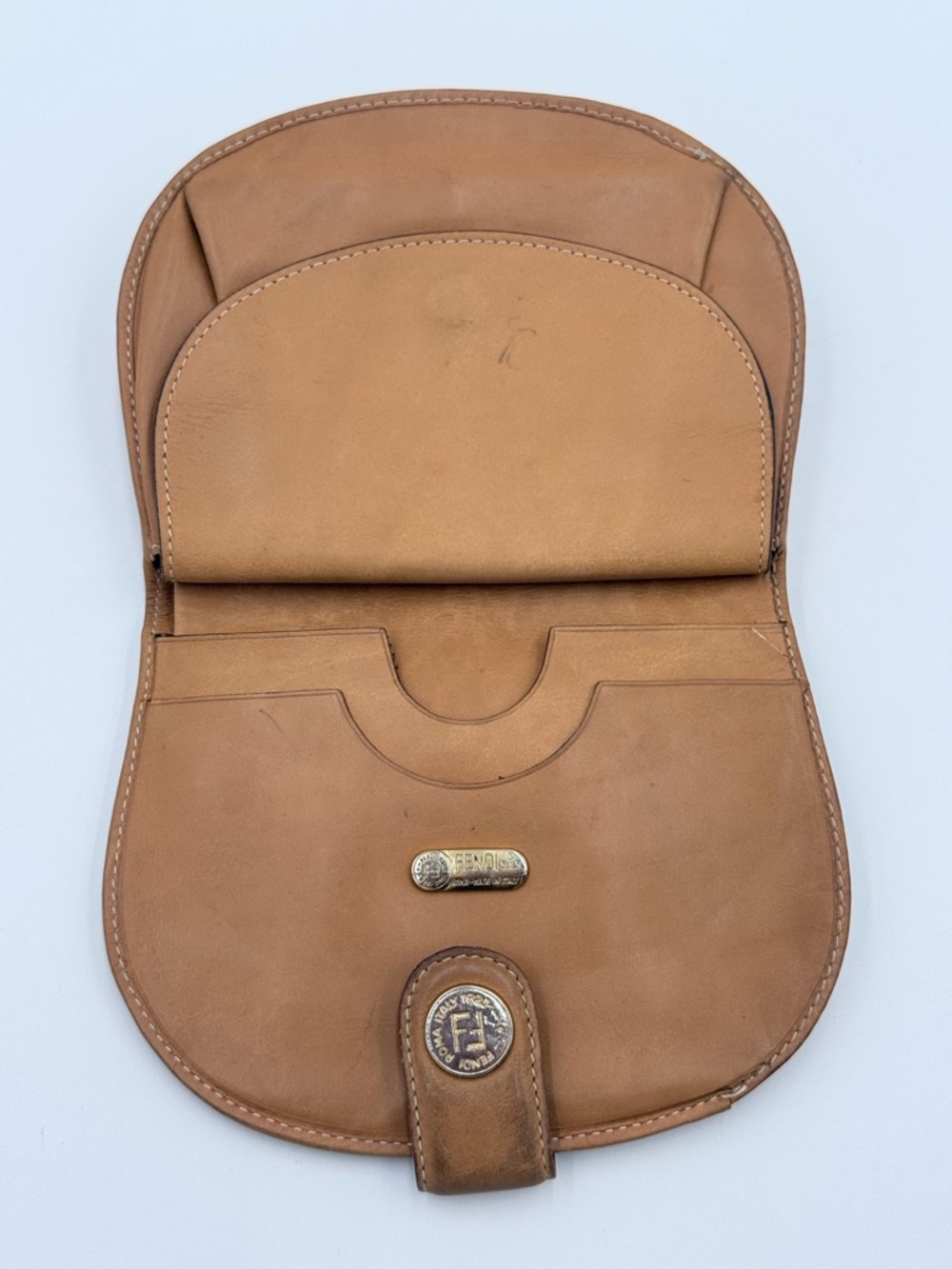 Vintage Italian Fendi Women’s Leather Compact Wallet Card Carrier Camel - Picture 7 of 8